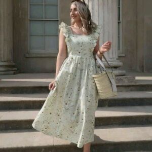 H&M Light Sage Floral Maxi Dress with Ruffle Sleeves